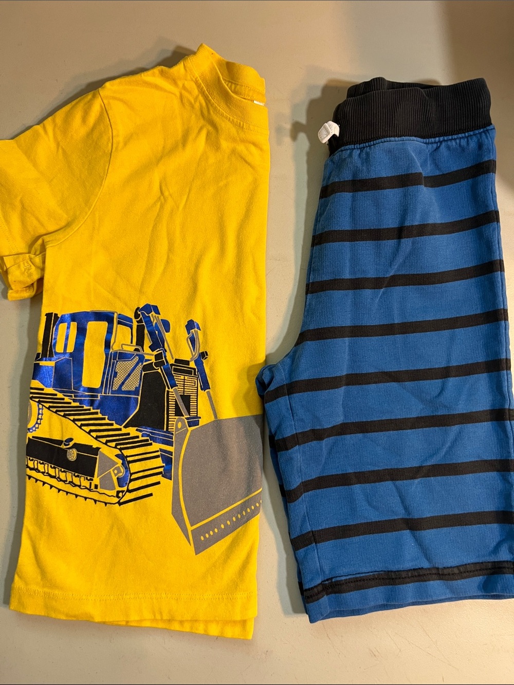 Hanna Andersson Yellow Bulldozer Tee with Blue & Black Striped Pajama Pants